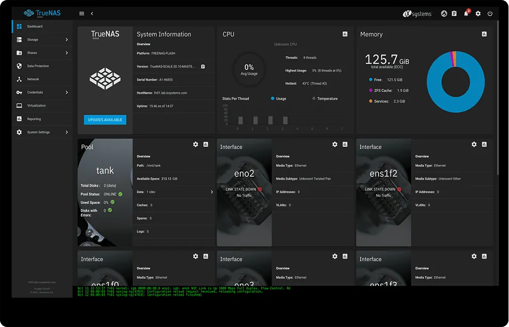 TrueNAS SCALE dashboard showing pool capacity and running applications